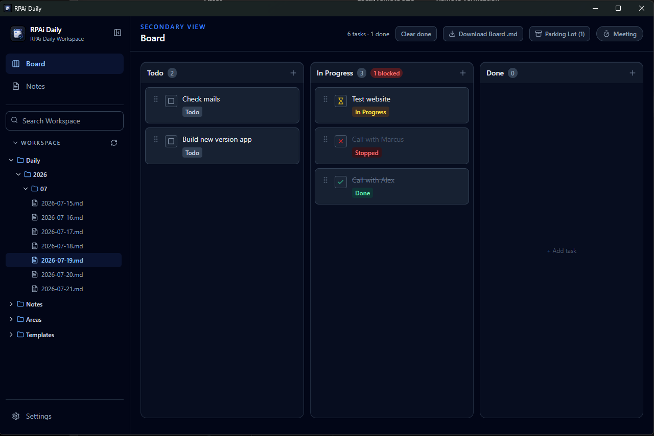 RPAi Daily Board with Todo, In Progress and Done columns, task statuses and Parking Lot.