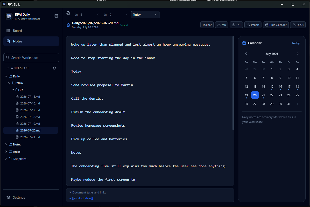 RPAi Daily desktop workspace with tabbed daily notes, a nested Workspace tree and Calendar.