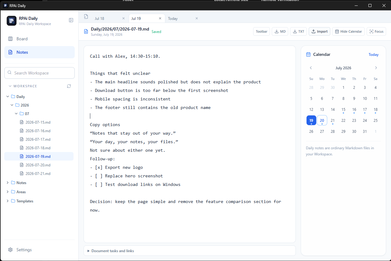 RPAi Daily light theme showing a Markdown note, tabs, Workspace folders and Calendar.